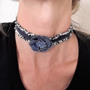 Rose Denim Choker Necklace Romantic Feminine Floral Bohemian Elegant French Luxe